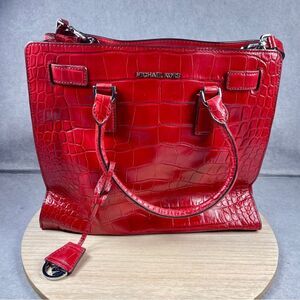 Michael Kors Red Dillon Croc Embossed Leather Medium Satchel Unique Clean Logo